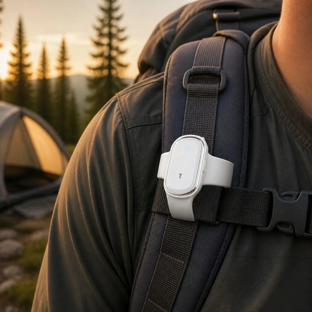 Ultrasonic Mosquito Repellent Bracelet on a hiking backpack at camp
