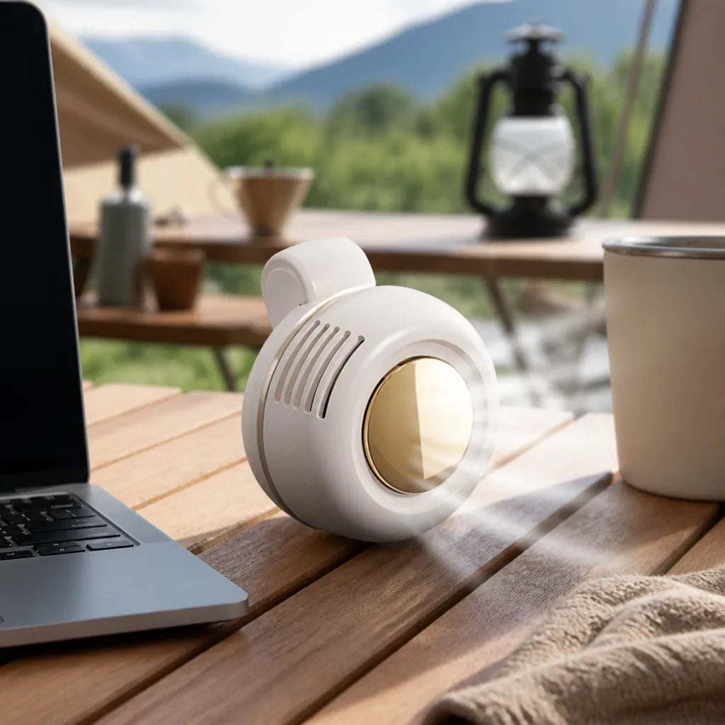 Mini Clip Fan on a camping table in use