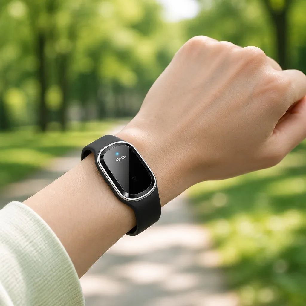 Ultrasonic Mosquito Repellent Bracelet worn on wrist outdoors