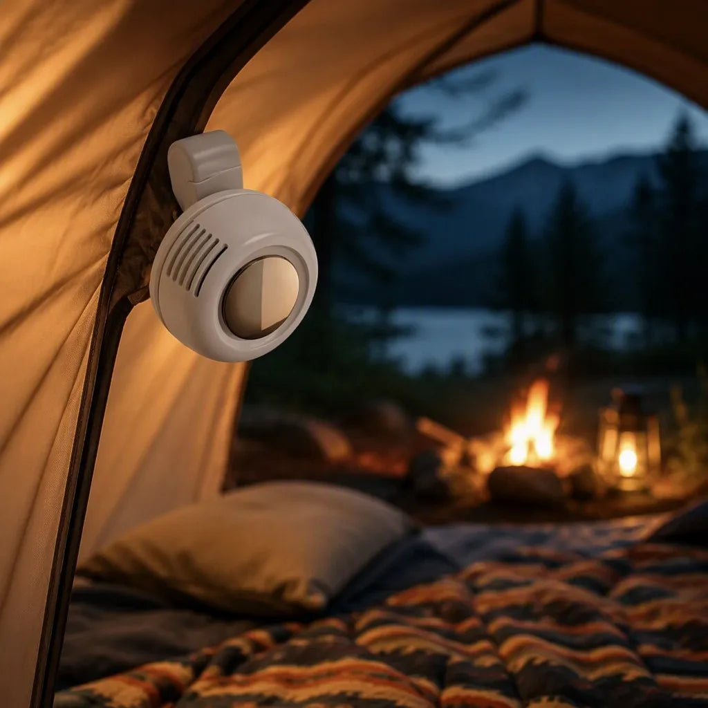 Mini Clip Fan clipped in a camping tent