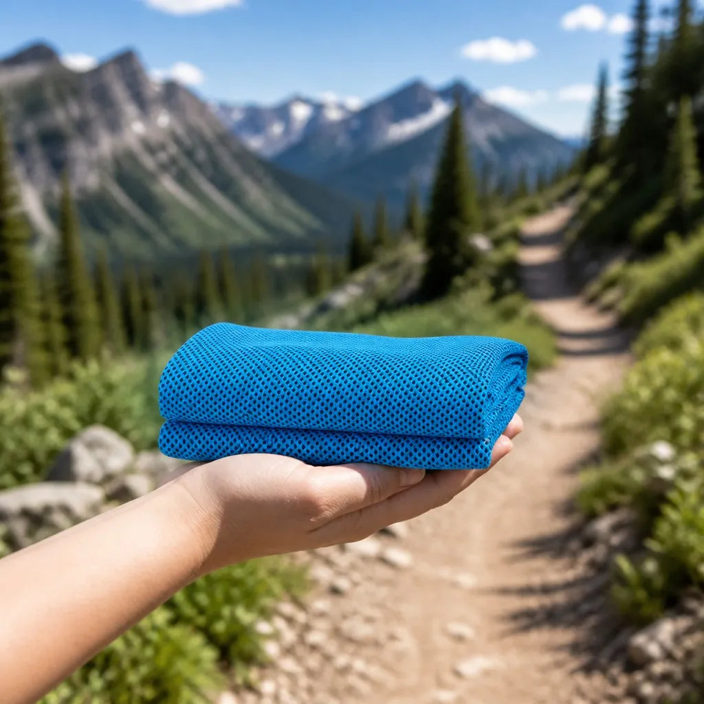 Microfiber Cooling Towel folded in hand on a hike
